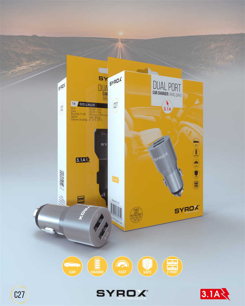 M0517-SYROX C27 ÇİFT Usb Giriş Başlık Metal / 3.1A / Araç ŞARJI-ÇAKMAK