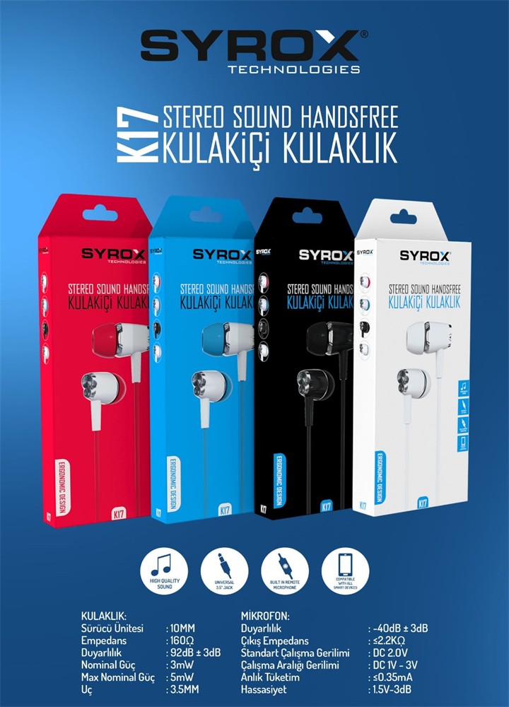 M0519-SYROX K17 Stereo Kulakiçi Kulaklık