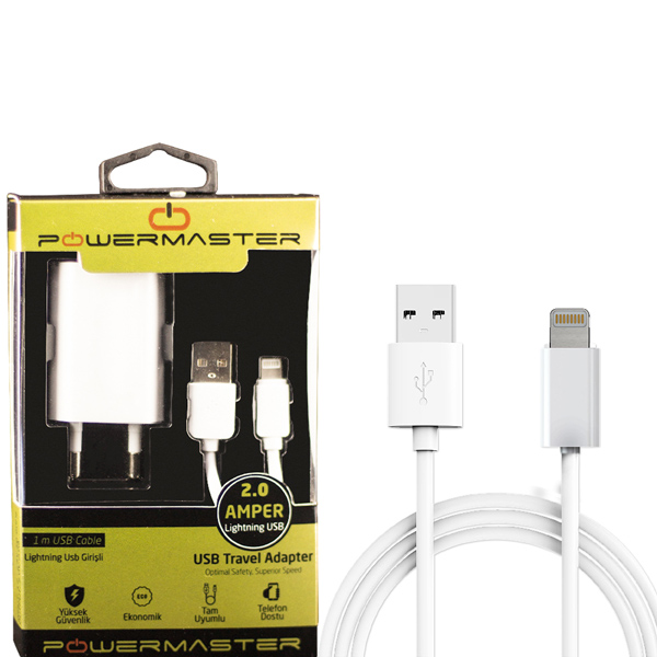 M0038-2A-POWERMASTER IOS IPHONE SERİSİ ŞARJ VE DATA KABLOSU-2MA-ADAPTÖRÜ