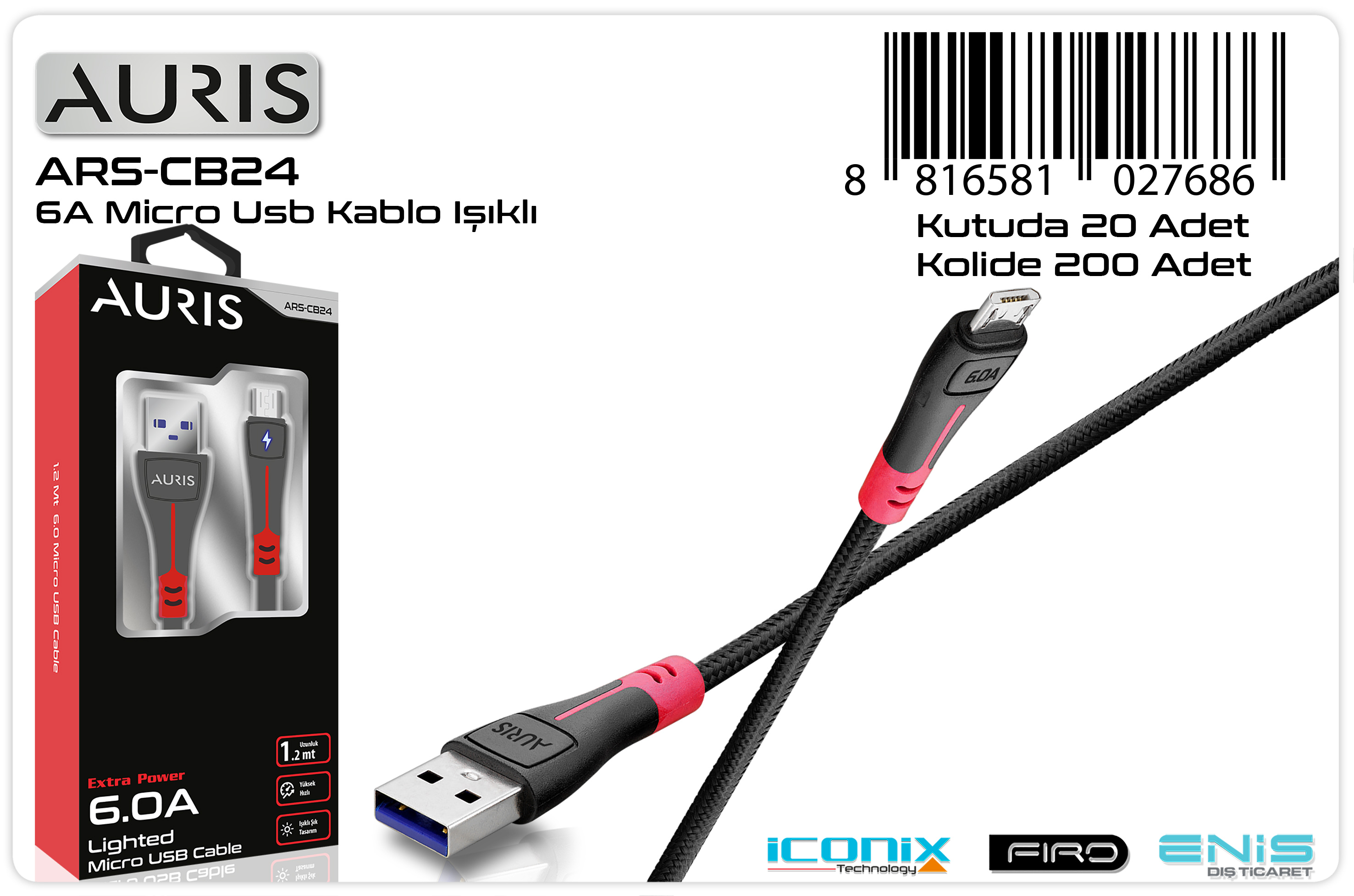 M2387-Auris CB24 6A, Micro Işıklı Şarj ve Data Kablosu MICROK