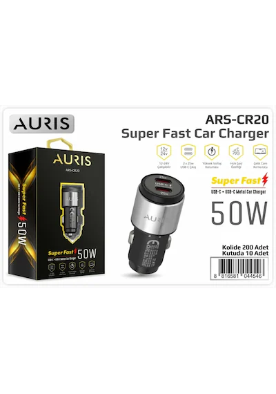 M2412-Auris Cr20 50w Usb-c+usb-c Metal Araç Şarj Başlığı Siyah