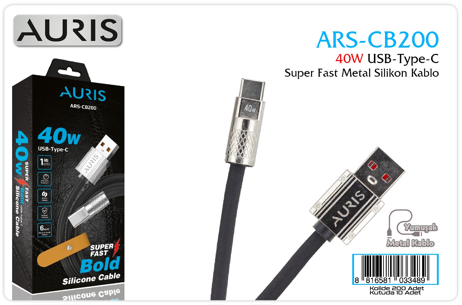 M2408-Auris CB200 40W Type-C Super Fast Metal Silikon Kablo TYPCK