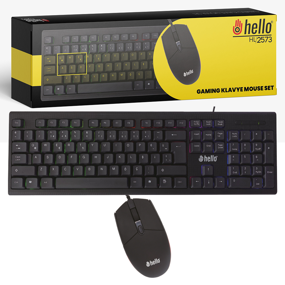 M0856-HELLO HL-2573 IŞIKLI KABLOLU OYUNCU KLAVYE + MOUSE COMBO SET