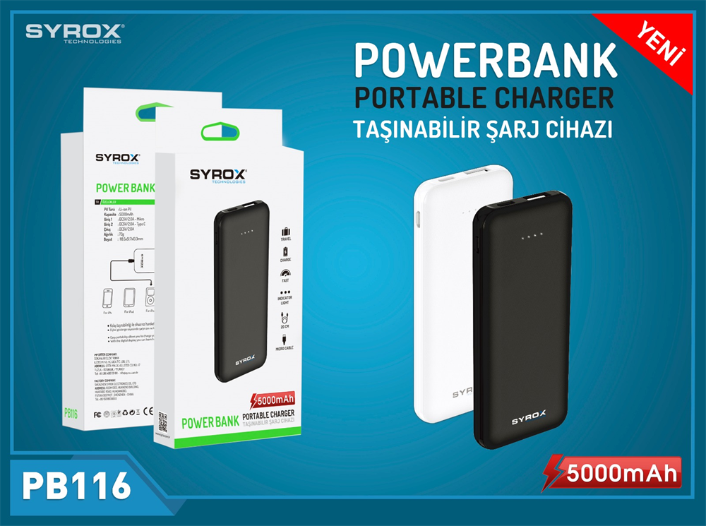 M0243-PB116-SYROX POWER BANK 5.000 Mah. SlIm ( SYH/BYZ) PB116