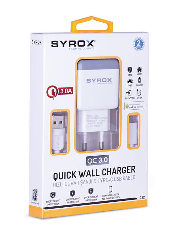 M0512-Q32 Syrox Type-C 3.0A Set Sarj Cihazi (Usb 3.0 - Quick Charging) TYPCSET