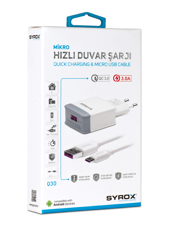 M0511-Syrox Note 4/5 - S6/S7 3.0A Set Şarj Cihazı (Usb 3.0 - Quıck Charging)MICROSET