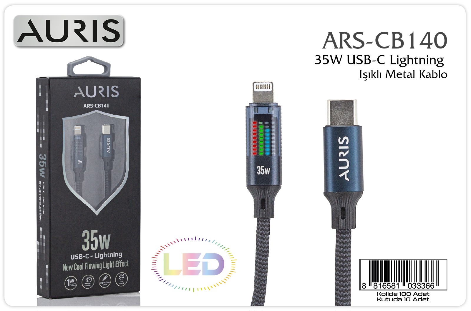 M2545-Auris CB140 35W TypeK-C To Lightning Işıklı Metal Kablo
