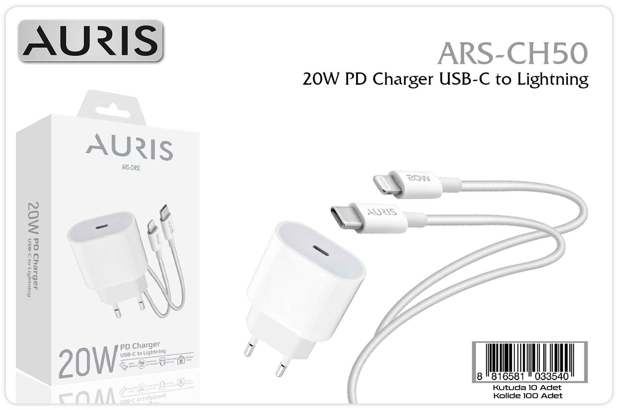 M2549-Auris CH50 20W USB-C To Lightning Şarj Seti IPONSET