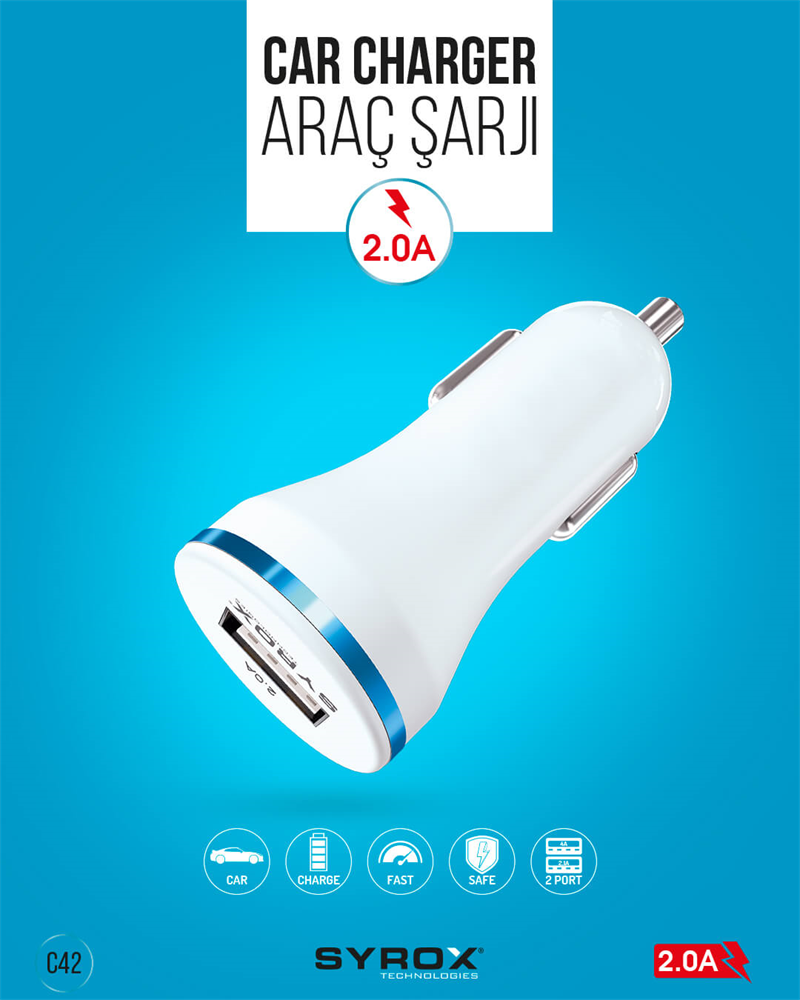 M0250-2A-C42-SYROX 1 Usb Giriş Başlık / 2.0A / Araç ŞARJI