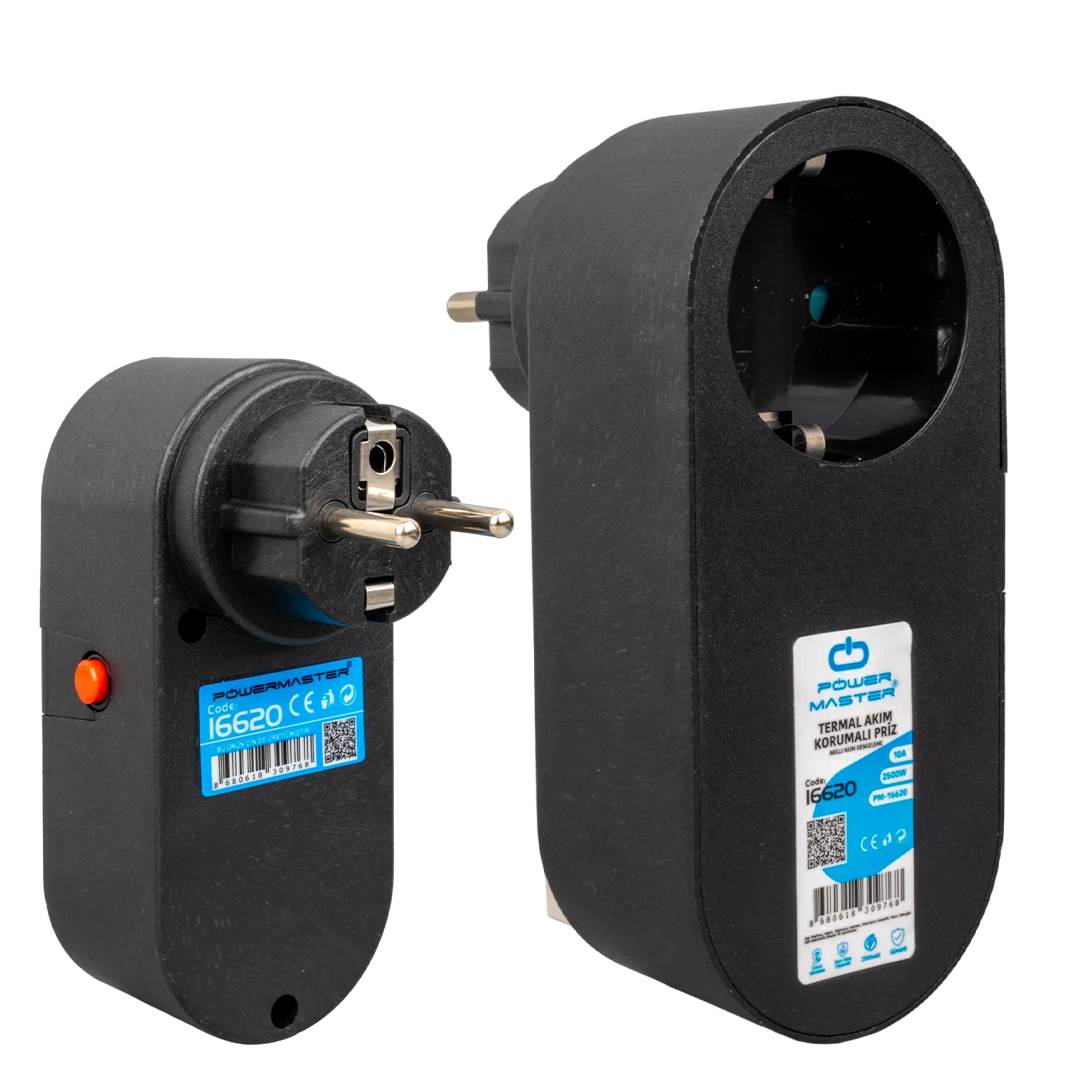 m2388-POWERMASTER PM-16620 10 AMPER - 2500 WATT TEKLİ SİYAH OVAL KASA TERMAL AKIM KORUMALI PRİZ