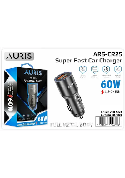 M2413-Auris Cr25 60w Usb-c+usb Metal Araç Şarj Başlığı Siyah