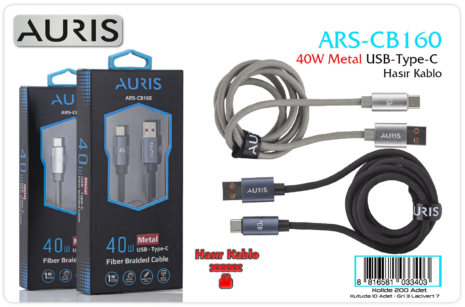 M2363-Auris CB160 40W Type-C To Tpye-C Hasır Metal Kablo TYPCK