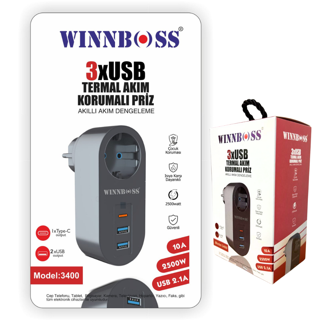 M2431-PRIZ AKIM KORUMA-3400 (1*PRİZ+2*USB+1*TYPE-C) PRİZ TİPİ TEKLİ