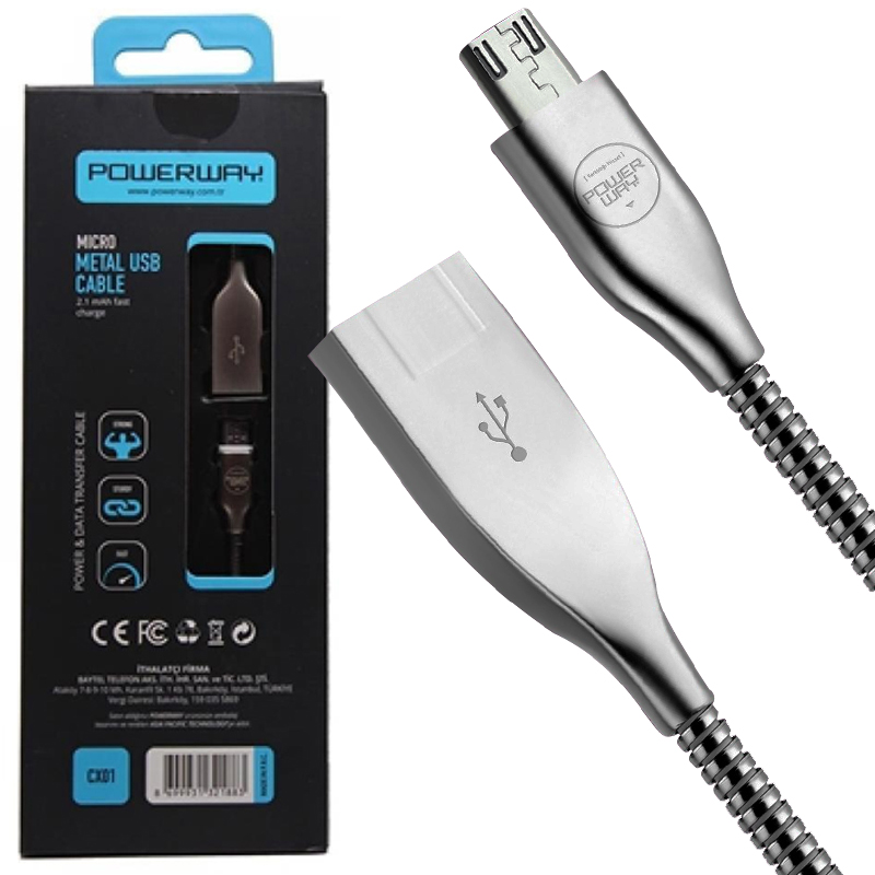 M0218-2A-1,5M-POWERWAY CX-01 SAMSUNG MICRO USB METAL ŞARJ VE DATA KABLOSU