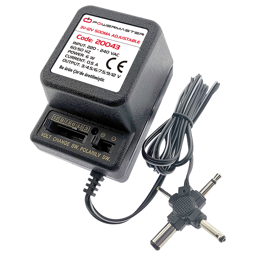 M0500-12V-500MA-POWERMASTER PM-20043 3 VOLT - 12 VOLT 500 MA AYARLI ADAPTÖR 4 UÇLU (525 AMERİKAN FİŞİ BEDELSİZ VER)