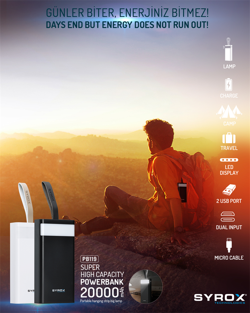 M0247-20,000MA-PB119- SYROX  20.000 Mah. Led / El Fener POWERBANK -