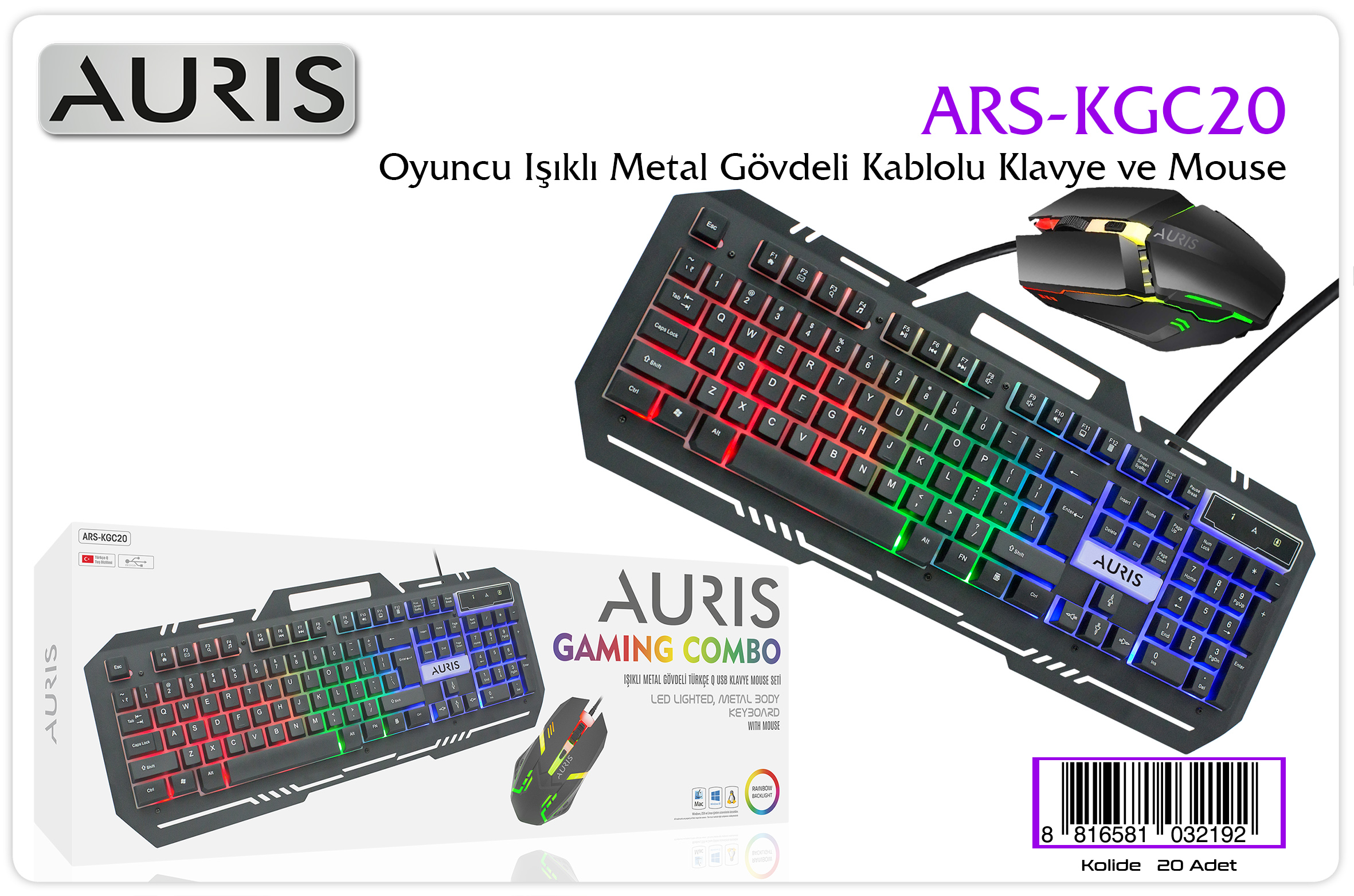 M2404-Auris KGC20 Metal Işıklı Oyuncu Kablolu Klavye+Mouse