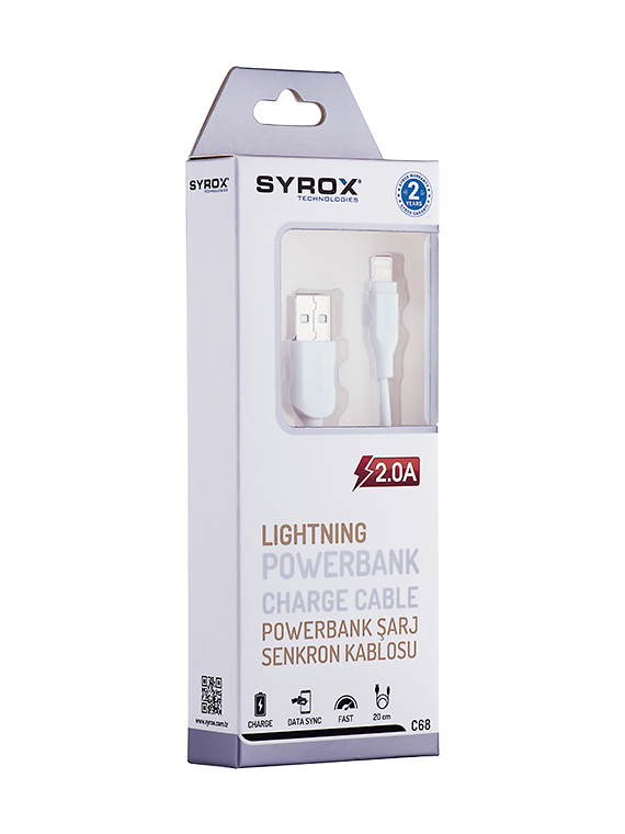 M0262-2A-25CM-C68-Syrox Lightning 5G/5S / 2 Amper 0,25M PowerBank Kablo